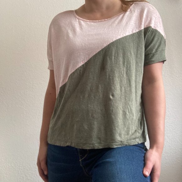 Bordeaux Tops - Bordeaux by Anthropology 100% Linen Olive Green & Blush Pink Two Toned Shirt